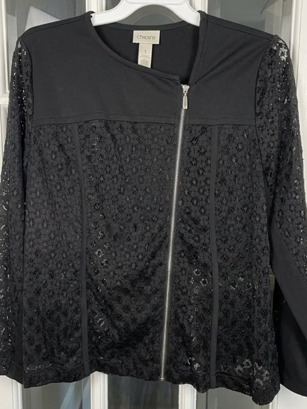 Chico's Size 3 (16/18) Black Lace Ponte Stretch Modern Zip Moto Jacket
